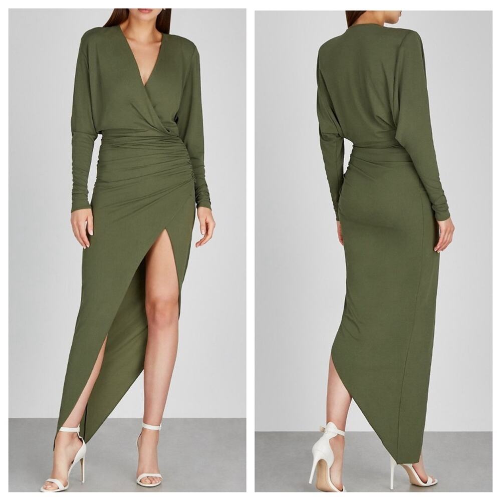 Alexandre Vauthier | Women’s Olive Green Stretch Jersey Gown Maxi Dress Ruched